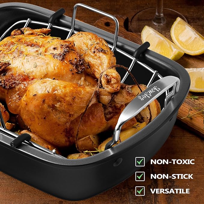 Roasting Pan, 17 Inch x 13 Inch Roaster with Removable Rack, Nonstick Roaster Pan for Roasting Turkey, Meat & Vegetables (Silver)