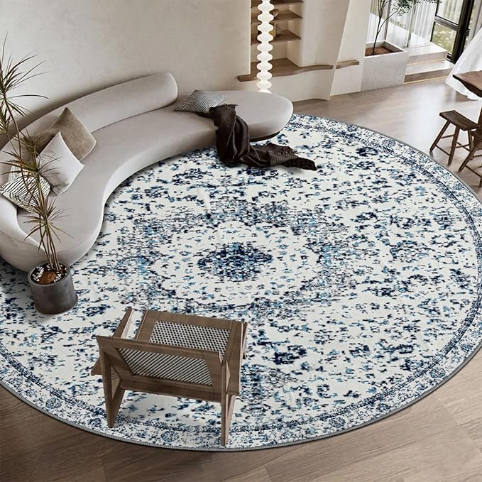 Easy-Going Round Rug 5ft Area Rug Washable Boho Circle Rugs for Living Room Non-Slip Bedroom Rug Low Pile Lightweight Floral Print Vintage Throw Rug for Dining Room Kitchen Home Office, Blue Cream