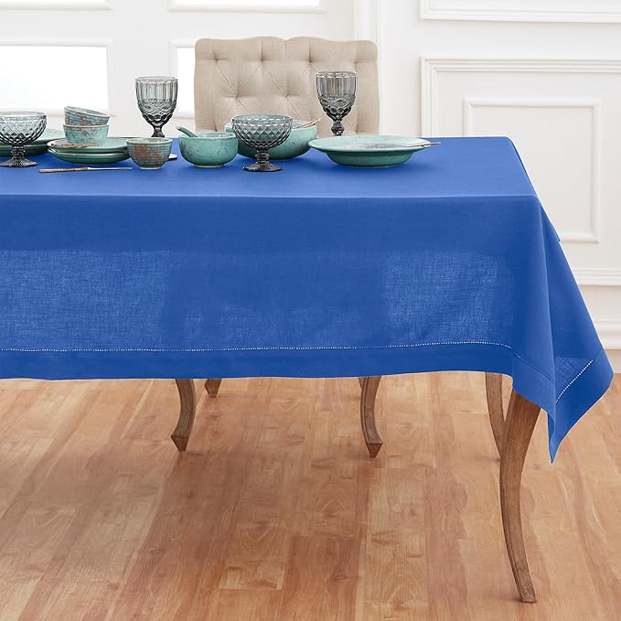 Solino Home Royal Blue Linen Tablecloth 60 x 132 Inch - 100% Pure Linen Hemstitch Table Cloth for Rectangle Tables - Classic Hemstitch, Machine Washable Tablecloth for New Year