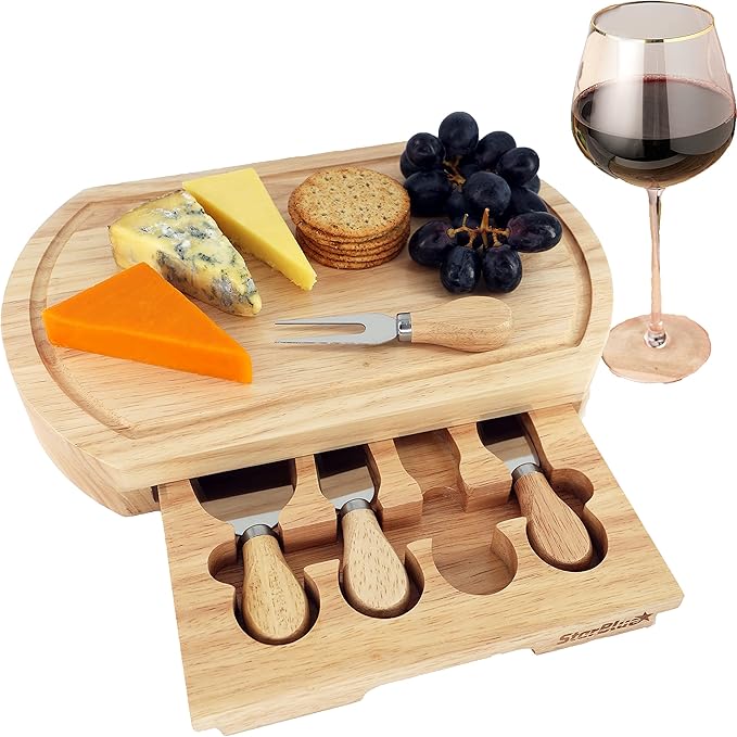Cheese Board Set by StarBlue - Large - with 4 Knives and Slide Out Drawer | Large Oak Wooden Cheese and Platter Cutting Serving Plate Tray | Best for Housewarming and Birthday Gift