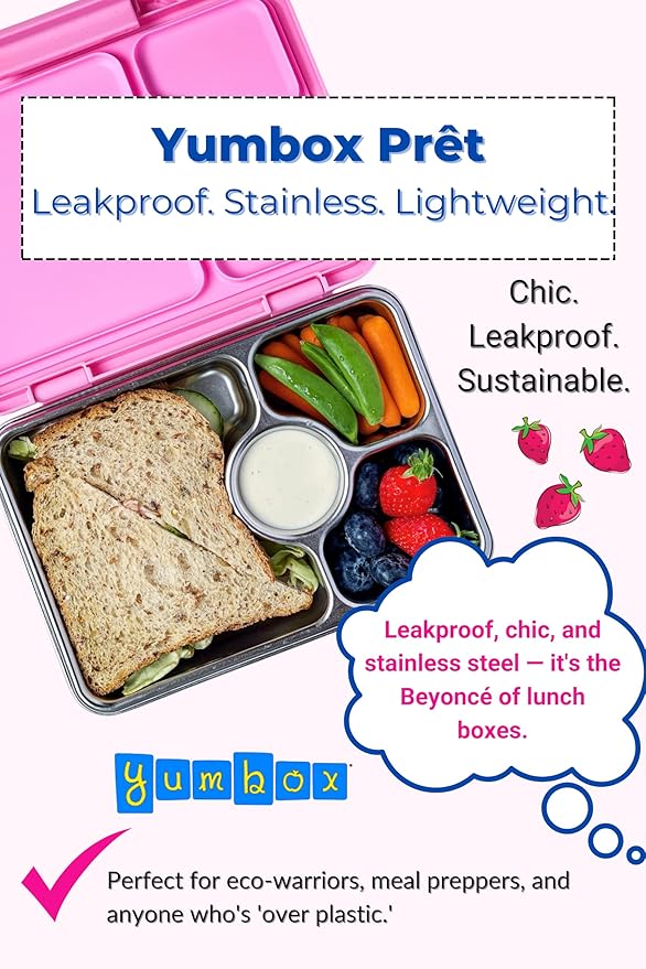Yumbox Prêt Stainless Steel Bento Lunch Box, 3 Compartment, Secure Seal, BPA-Free, Dishwasher Safe, Compact & Lightweight for Kids & Adults, School & Office Lunch, Portion Control (Versailles Pink)