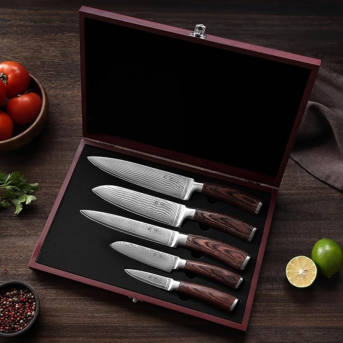 Wakoli EDIB 5-Piece Damascus Knife Set – Professional Chef Knives Set with VG10 Core Blades, 67-Layer Damascus Steel and Ergonomic Pakkawood Handles – Premium Kitchen Knives in Wooden Gift Box