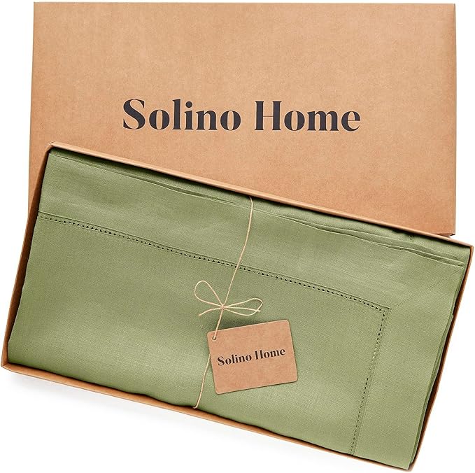 Solino Home Linen Tablecloth 60 x 132 Inch - Classic Hemstitch 100% Pure Linen Moss Green Table Cloth for Rectangle Tables - Machine Washable Tablecloth for Winter