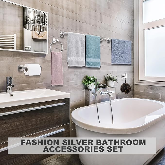 Gisafai 30 Pcs Bathroom Hardware Set, 23.6 Inch Brushed Towel Bar Ring Toilet Paper Holder Robe Towel Hook, SUS304 Stainless Steel Bathroom Accessory Set Wall Mounted (Silver)