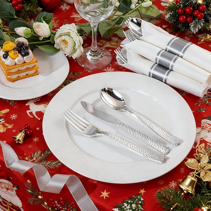WELLIFE 50 Pack Silver Plastic Silverware,Wrapped Silverware Set Disposable,Hammer Pattern Design,Includes:50 Forks, 50 Knives, 50 Spoons, 50 Napkins,Utensils Plastic Disposable for Christmas