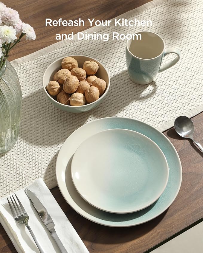 Famiware Glacier Stoneware Dinnerware Sets, Plates and Bowls Sets, 12 Pieces Kitchen Dishes Set for 4 - Dishwasher and Microwave Safe, Chip and Scratch Resistant, Aqua