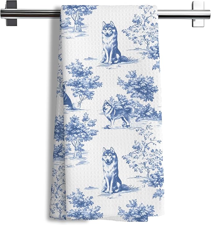 Chinoiserie Husky Dog Kitchen Towels,Blue and White Floral Botanical Husky Grandmillennial Weiner Dog Decorative Hand Towels for Kitchen Bathroom,16x24 Inch