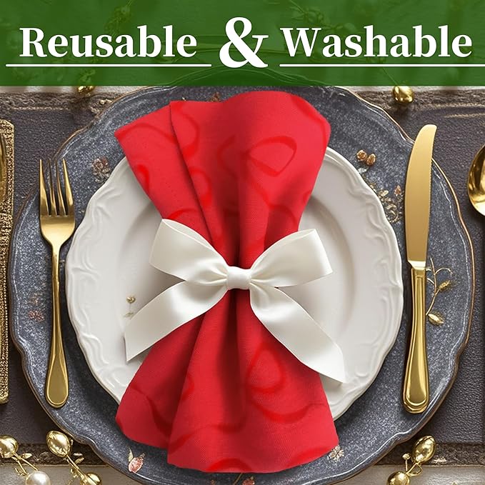 Red Bow Napkins Cloth, Square Napkins 18"x18" - Cotton & Polyester | Wrinkle/Fade Resistant - 12PC Reusable Napkins Washable, Christmas Table Napkin for Wedding, Dinner & Party, Bow Jacuqard