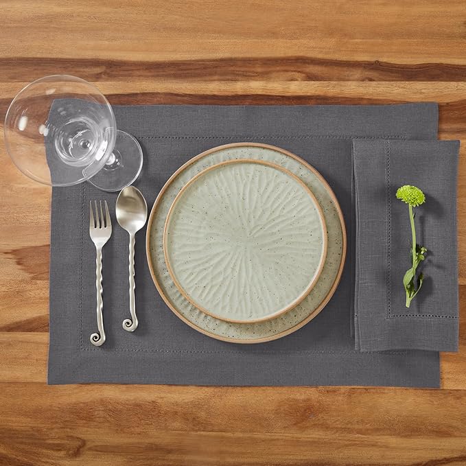 Solino Home Linen Cloth Placemats Set of 4-100% Pure Linen Medium Weight Hemstitch Charcoal Placemats 14 x 19 Inch - Handcrafted and Machine Washable Place Mats for Winter, New Year