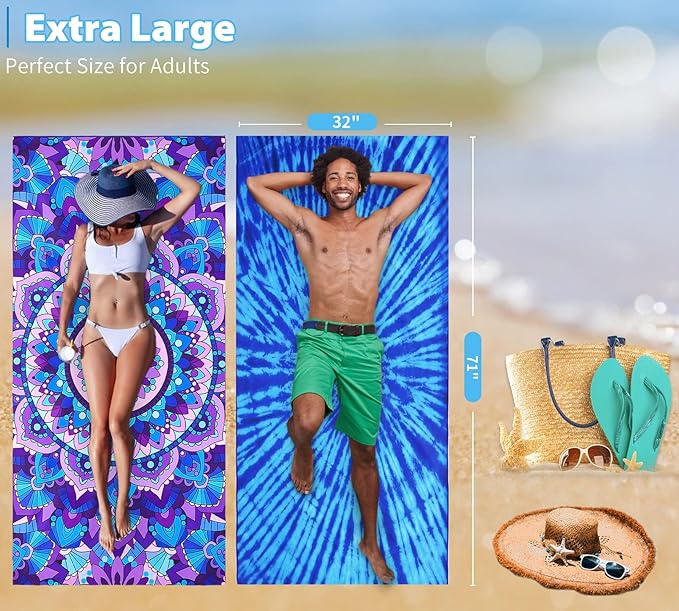 4 Pack Microfiber Thin Lightweight Beach Towel Oversized 71x32 Extra Large Sand Free Towels for Travel Swim Pool Yoga Gym Camping for Adults Women Men Beach Essentials Accessories Vacation Gift