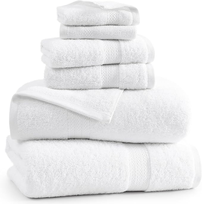 LANE LINEN 100% Cotton Luxury Bathroom Towel Set - 6 Pieces - Super Soft, Fluffy & Highly Absorbent - 2 Large Bath Towels, 2 Washcloths, 2 Hand Towels - Complete Family Pack - White Bath Towel Set