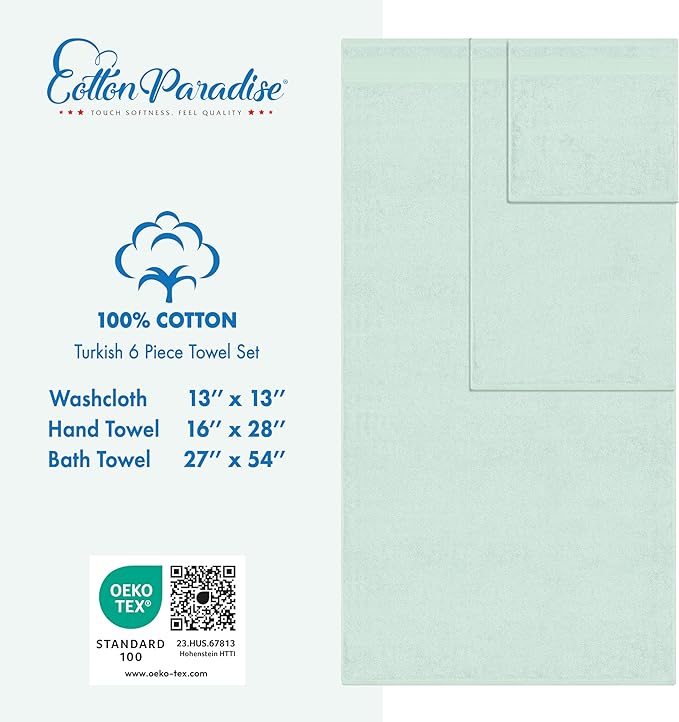Cotton Paradise 6 Piece Towel Set, 100% Cotton Soft Absorbent Turkish Towels for Bathroom, 2 Bath Towels 2 Hand Towels 2 Washcloths, Mint Towel Set