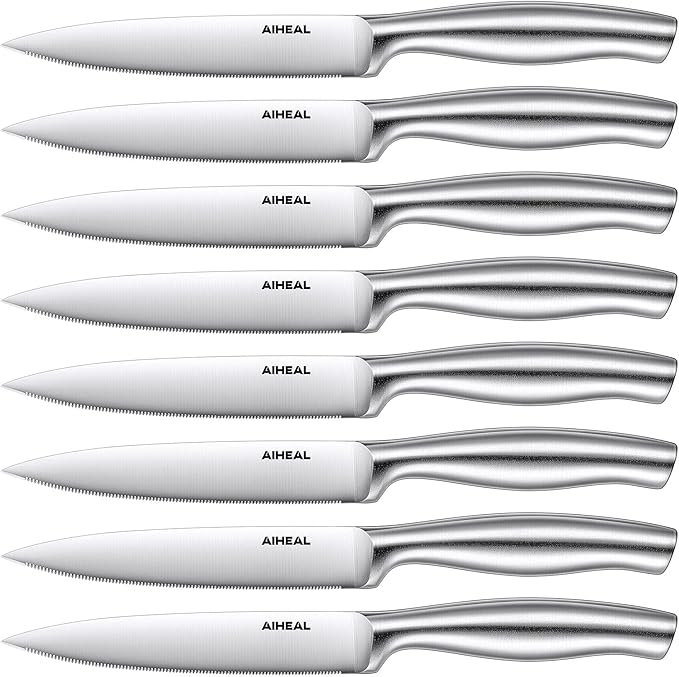 Aiheal Steak Knives, Stainless Steel Steak Knives Set of 8, Never Needs Sharpening Dinner Steak Knife Set, Sharp Micro Serrated Knives