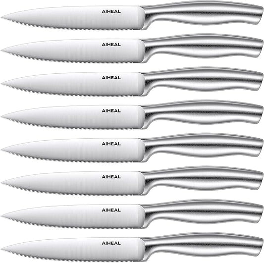 Aiheal Steak Knives, Stainless Steel Steak Knives Set of 8, Never Needs Sharpening Dinner Steak Knife Set, Sharp Micro Serrated Knives