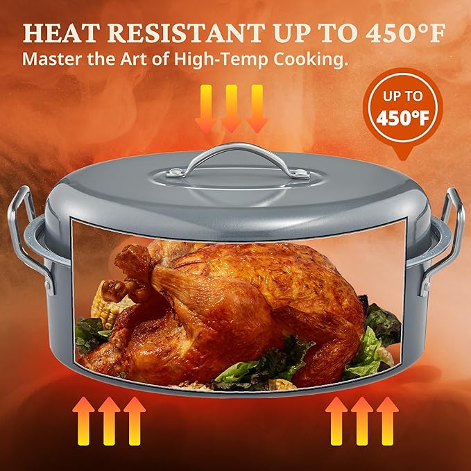 BRONYPRO Large Turkey Roasting Pan with Lid & Rack, 18-Inch Durable Granite Non-Stick Roaster, 20 lb Capacity for Roasting Turkey, Chicken, or Vegetables, Light Gray