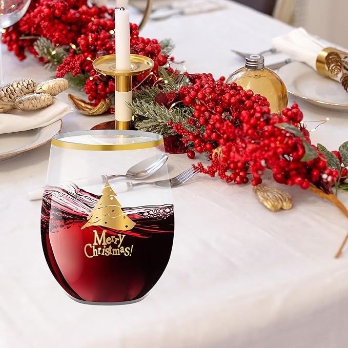 SUT Plastic Wine Glasses, Plastic Christmas Wine Glasses, Plastic Cups, Disposable Wine Glasses, Disposable Cups, 12oz Gold Plastic Wine Glasses for Christmas(24PCS)