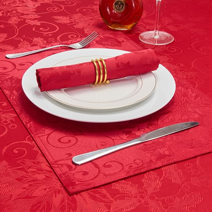 Cloth Place Mats Set of 8–Reusable Rectangular Waterproof Fabric Polyester Washable Wipeable Heat Resistant jacquard floral flowers for Kitchen Dining Dinner Wedding Table(Dark Red/13x19 Inch)