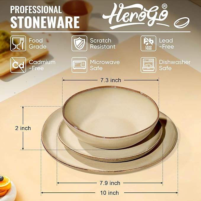 Herogo Dinnerware Sets for 8, 24pcs Stoneware Dinner Dish Set, Irregular Handmade Plates and Bowls Dishware, Crack and Scratch Resistant, Microwave & Dishwasher Safe, Cream Khaki