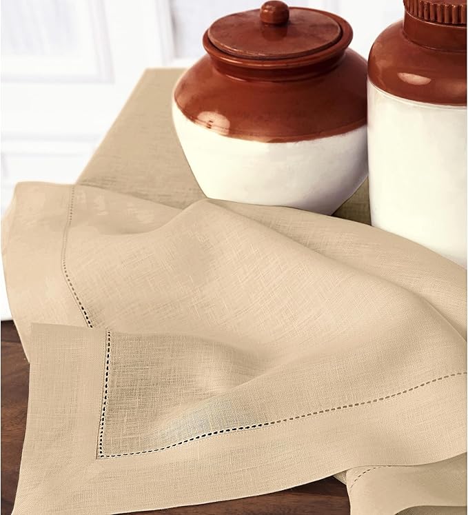 Solino Home Linen Beige Tablecloth 60 x 90 Inch - Classic Hemstitch, 100% Pure Linen Rectangular Tablecloth - Machine Washable Table Cloth for New Year