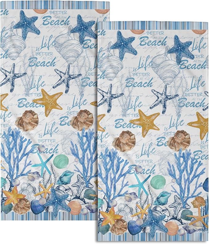 Imiss Coral Starfish Hand Towels for Bathroom，Nautical Coastal Seashell Guest Towels 14.4 x 28.3 Inch Set of 2 Soft Small Bath Towel Kitchen Dish Towels for Home Hotel Gym Spa
