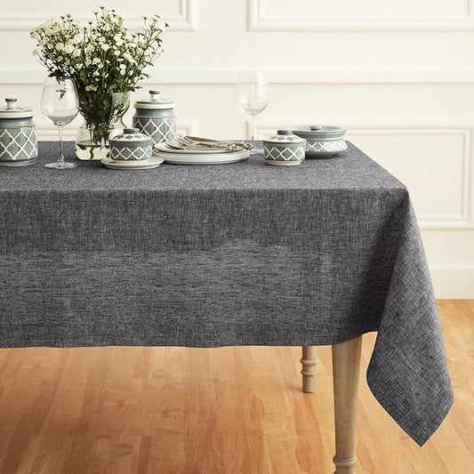 Solino Home Linen Cloth Tablecloth 52 x 52 Inch - 100% Pure Linen Chambray Black Square Tablecloth - Athena, Machine Washable Table Throw for Winter, Holiday