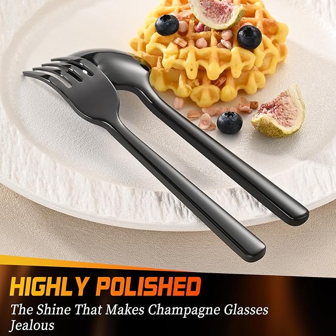 40-Piece Black Silverware Set, Heavy-Duty Stainless Steel Black Flatware Set for 8, Cutlery Set with Modern Round Handle, Mirror Polished Utensils Set, Dishwasher Safe