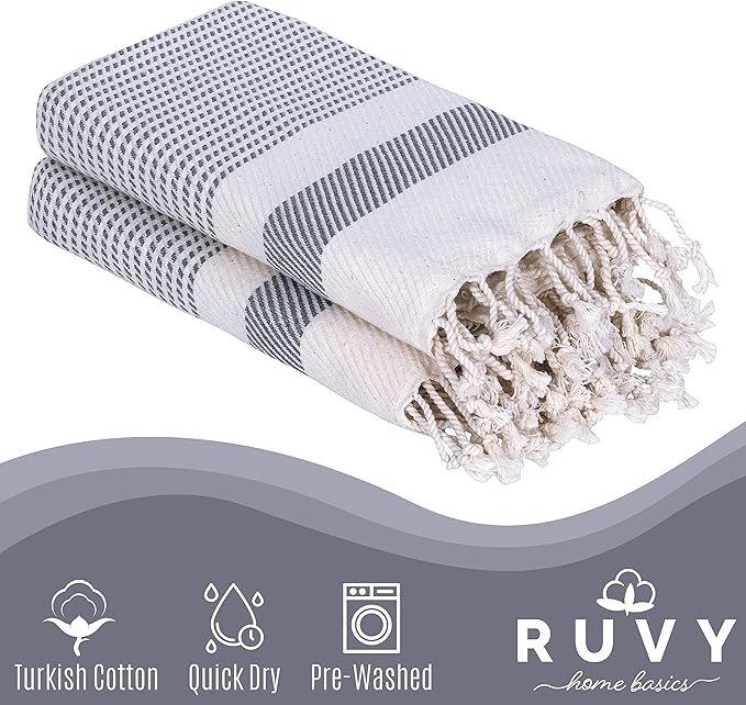 Ruvy Home Basics Turkish Hand Towels for Bathroom Set of 2 | 18"x40", Cotton | Decorative Towel for Bathroom, Kitchen, Dishcloth, Tea, Yoga, Face, Gym - Light Grey