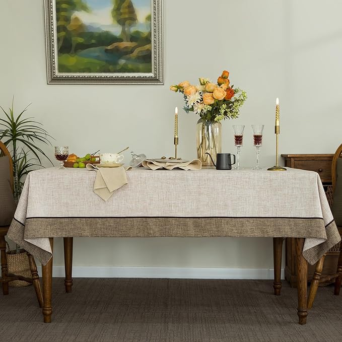 Solid Bordered Retro Tablecloth Classic Textured Linen Style Rustic Washable Rectangle Table Cloth,Kitchen Dinning Tabletop Decoration,Oblong Table Cover Linen 55x70 Inch