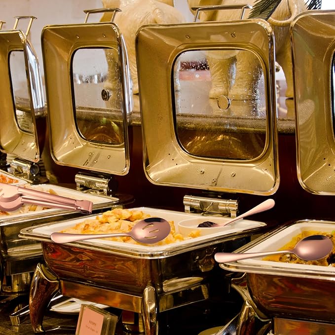 Rose Gold Serving Utensils Set 10 Pieces Copper Stainless Steel Catering Silverware Flatware Buffet Restaurant Banquet Include Fork Big Spoon Hostess Ladle Spatula Food Tong Cheese knife