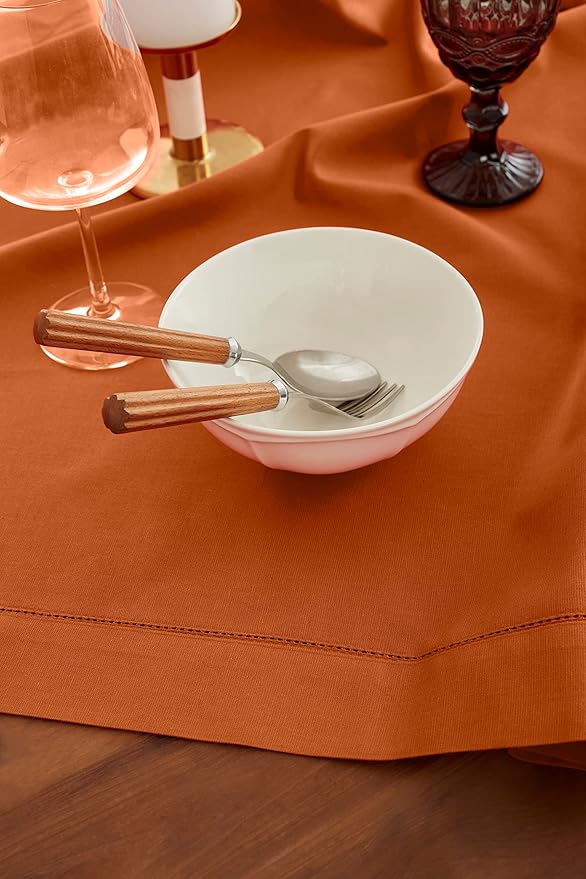 Solino Home Cinnamon Cotton Linen Tablecloth 52 x 52 Inch - Hemstitch Square Table Throw - Machine Washable Tablecloth