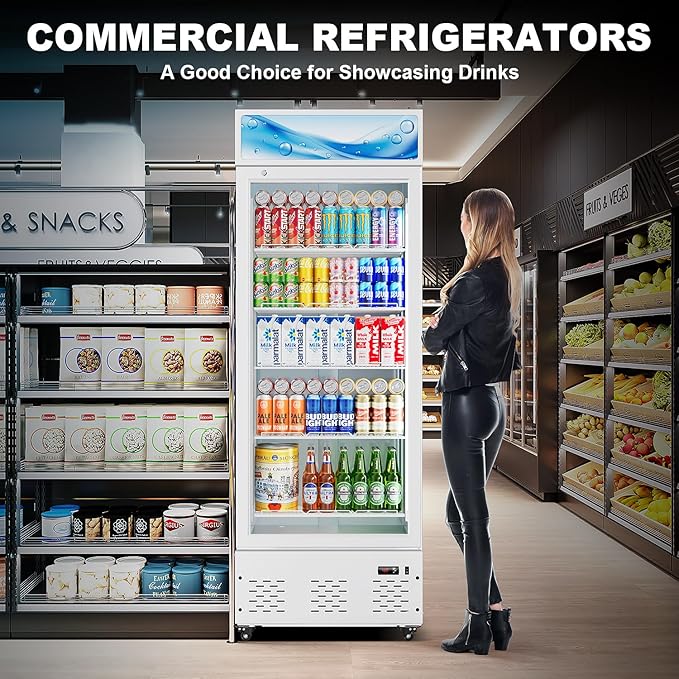 White Commercial Glass Door Display Refrigerator 15 Cu.ft Cooler Beverage Refrigerators with LED Light and 5 Shelves for Cafe Restaurant Store Bar
