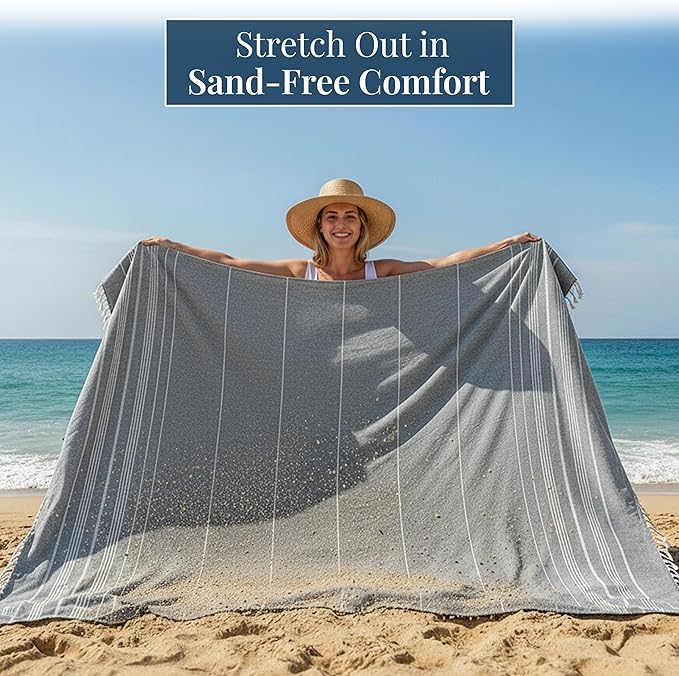 LANE LINEN Oversized Beach Towel - Large Outdoor Blanket with Soft Pre-Washed Finish – 82"x82", Ideal for Coastal Getaways, Backyard Lounging, Beach Party or Seaside Adventures – Grey