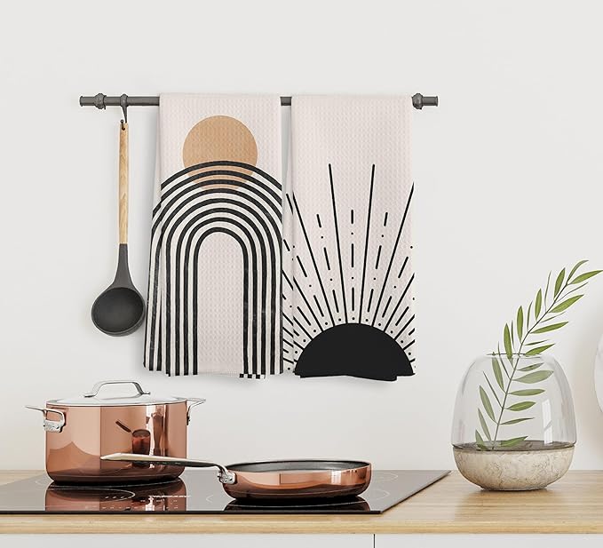 Boho Black Sun Sunrise Sunshine Rainbow Kitchen Towels and Dishcloths Sets of 2,Bohemian Absorbent Drying Cloth Hand Towels Tea Towels for Bathroom Kitchen,Boho Gifts for Women Girls,16×24 inches