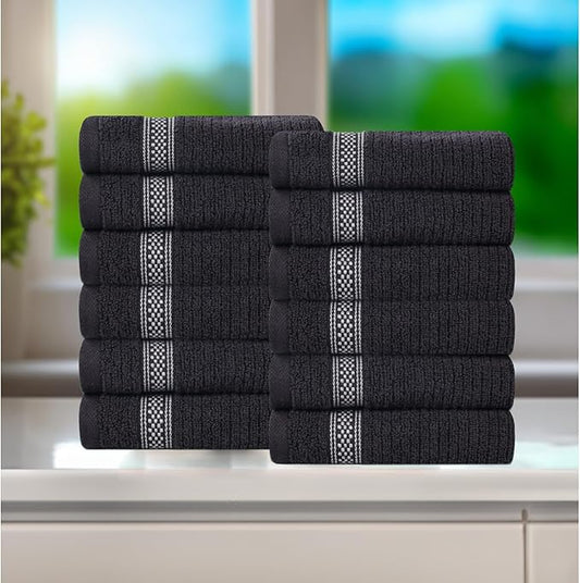 Superior Cotton Face Towel/Washcloth Set, Zero Twist, Ribbed Geometric, Small Facial Towels, Spa, Hotel, Guest, Home, Bathroom Basics, Plush Soft Absorbent, Luxury Quick Dry, Set of 12, Black
