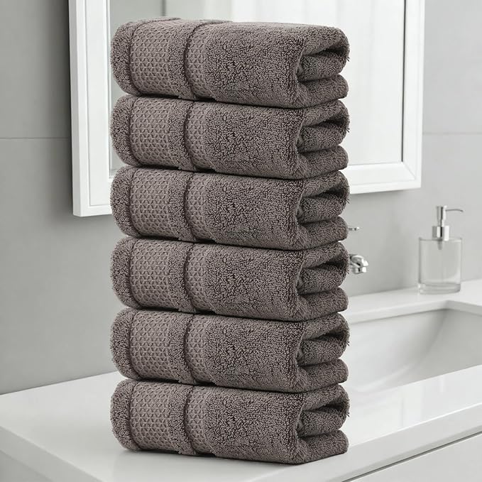 REDKISS Luxury Washcloths for Showering, 13x13 inch, 100% Cotton Premium Wash Cloths Set of 6, Super Soft and Highly Absorbent Face Towels for Bathroom, Spa, Gym and Hotel, Brown