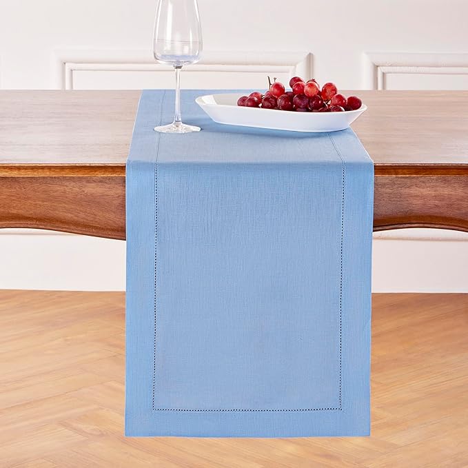 Solino Home Linen Cornflower Blue Table Runner 132 Inches Long - 100% Pure Linen Hemstitch 14 x 132 Inch Table Runner for Dining, Winter - Classic Hemstitch