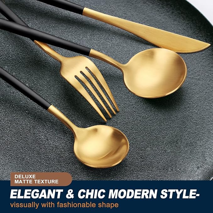 EUIRIO 48-Piece Matte Black&Gold Silverware Set with Steak Knives, Flatware Set for 8, Stainless Steel Forks and Spoons Silverware Sets, Cutlery Utensils Set, Satin Finish & Dishwasher Safe
