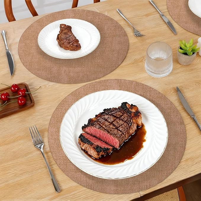 Maxpearl Round Placemats Set of 6, 13.8 inch Faux Leather Heat Resistant Table Mats, Non Slip Waterproof Wipeable Place Mats for Kitchen Dining Holiday Party Table Settings, Brown