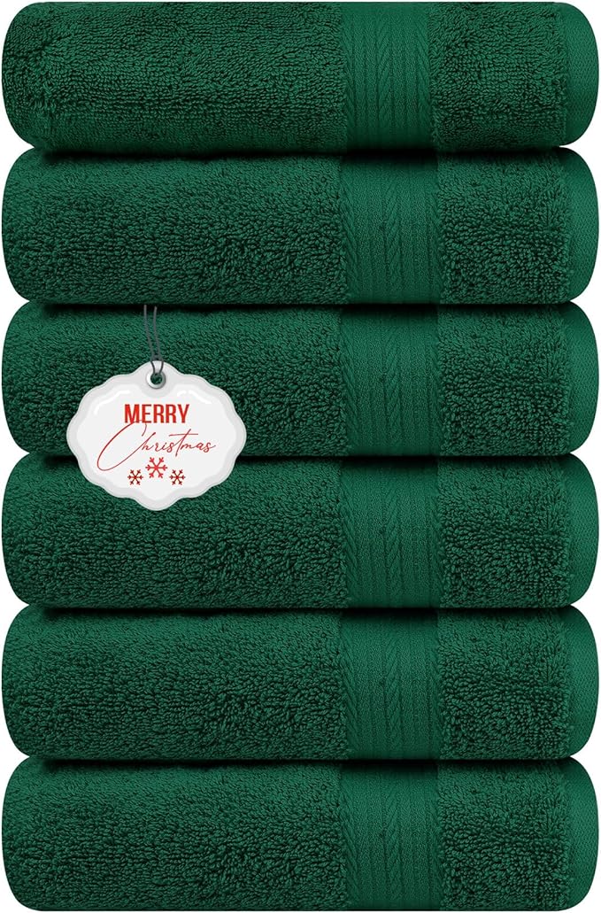 Ample Decor Hand Towel 18 X 28 Inch 600 GSM 100% Cotton Soft Premium Quality, for Hotel, Bathroom, Spa, Daily Use, Gym - Christmas Green - Pack of 6