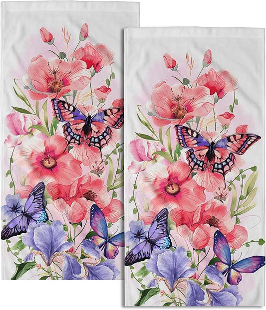 Imiss Pink Flowers Kitchen Dish Hand Towels 14.4 x 28.3 Inch Pink Purple Butterfly Green Leaves Small Bath Guest Towel for Bathroom Hotel Gym Spa