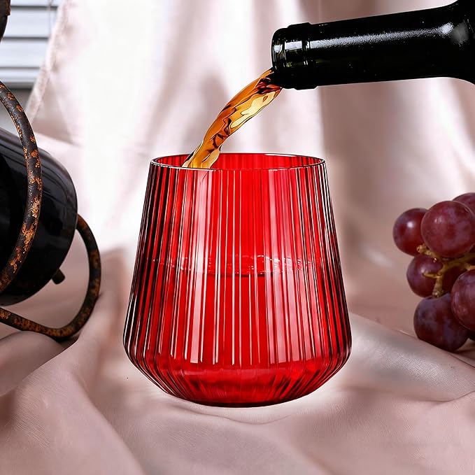 40 Pack Plastic Ribbed Wine Glasses, 14Oz Origami Disposable Wine Glasses Unbreakable Clear Plastic Cocktail Glasses Recyclable Shatterproof Reusable Wine Cups (14oz-red-40pack)