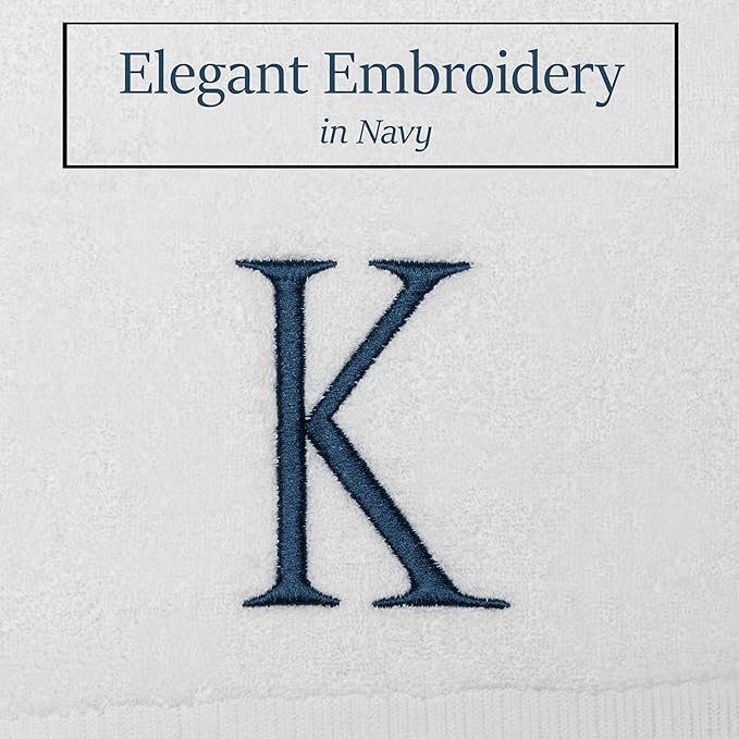 Monogrammed Hand Towels for Bathroom - Luxury Hotel Quality Personalized Initial Decorative Embroidered Bath Towel for Powder Room, Spa - GOTS Organic Certified - Set of 2 Navy Letter K