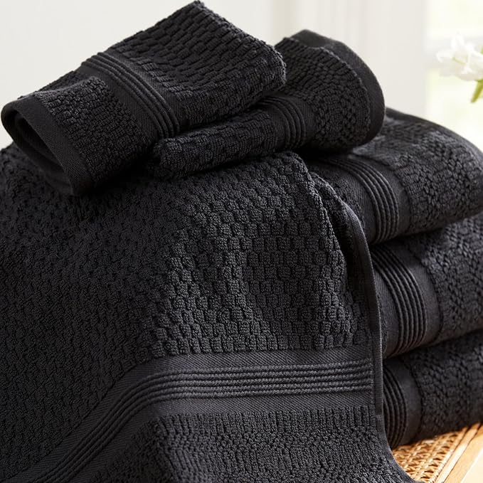 Zoey Collection 100% Cotton Waffle Textured 6 Piece Towel Set | Super Soft Quick Dry Bath & Hand Towels | Decorative for Bathroom | 2 Bath, 2 Hand, 2 Washcloths (Black)