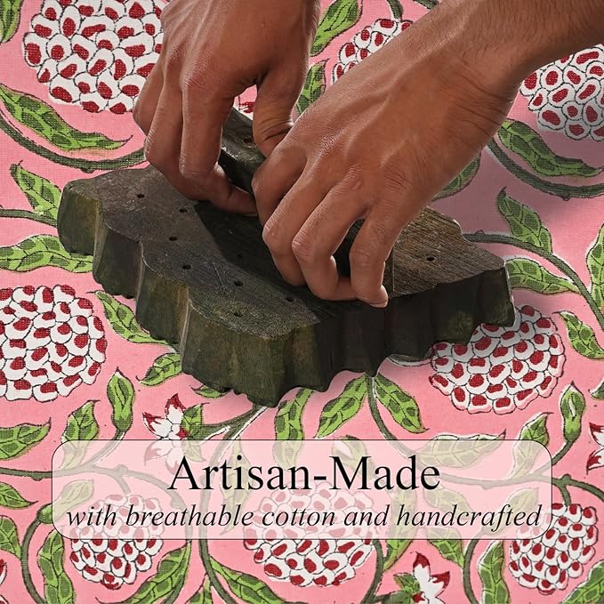 Ridhi Strawberry Pink Hand Block Print Cotton Rectangle Tablecloth 140" x 72" inches Reusable Table Cover Decorative Everyday Use for Dining, Farmhouse, Home, Party, Festive, Wedding, Fall