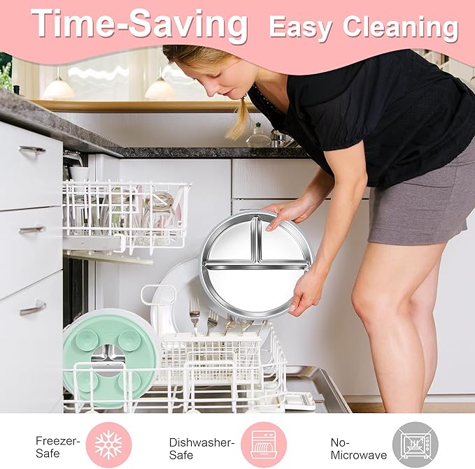 Bella's Friends Stainless Steel Kids Plates 8" Suction Plate for Baby,3 Packs Non-Toxic Divided Toddler Plates,Food-Grade Silicone Plate for Baby,Dishwasher Safe,purple,dark green,rose