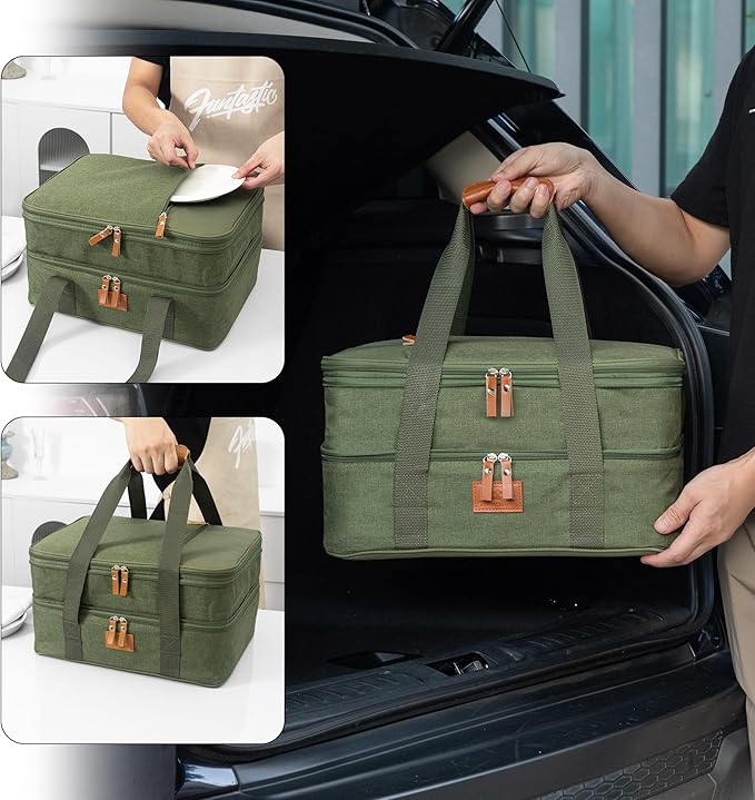 Fun Elements Casserole Carrier, Expandable Insulated Casserole Carriers for Hot or Cold Food, Thermal Lasagna Lugger Tote for Potluck/Parties/Picnic/Cookouts, Fits 9"×13" Baking Dish, Green