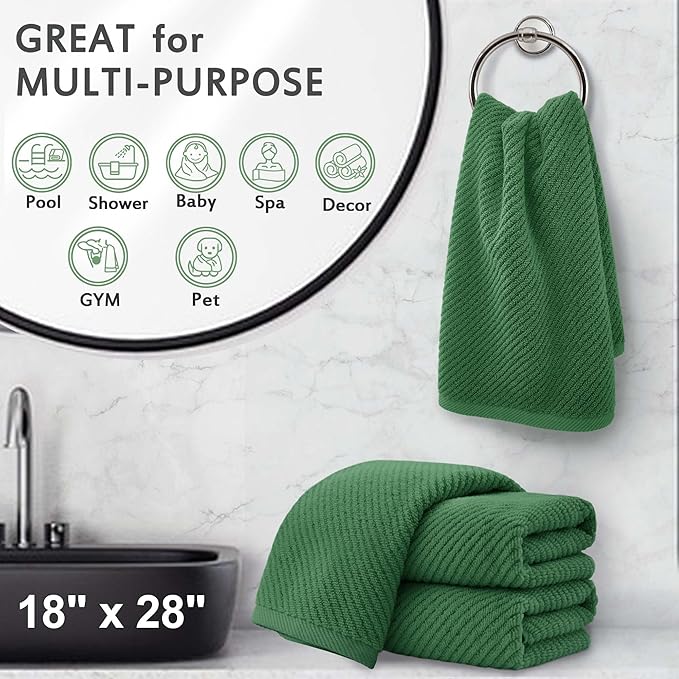 Green Hand Towels for Bathroom (4PC, Large 18"x28") - 100% Cotton | Quick Dry | Light Weight | Thick | Soft | Absorbency, Hand Towels for Showering, Bathroom Essentials Set, Hunter Green