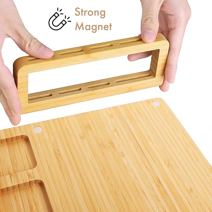 RoyalHouse Bamboo Cheese Board and Knife Set with Magnetic Holder - Serving Tray for Crackers, Meat, and Wine - Anniversary and Wedding Gift