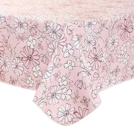 Heavy Duty Vinyl Tablecloth with Flannel Backing Waterproof Oil-Proof Plastic Table Cloth Stain-Resistant Wipeable Rectangle or Square Table Cover for Indoor and Outdoor (Red Flower,52x70 Inch)