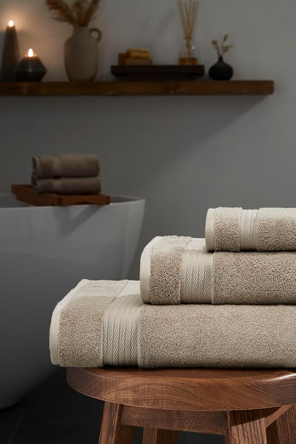 Ozdilek 6-Piece Bath Towel Set, 2 Bath, 2 Hand, 2 Wash, 100% Cotton Turkish Towels, 2 Bath Towels (30x60/550 GSM), 2 Hand Towels (16x30/575 GSM), 2 Washcloths (13x13/600 GSM) (Seahorse Beige)